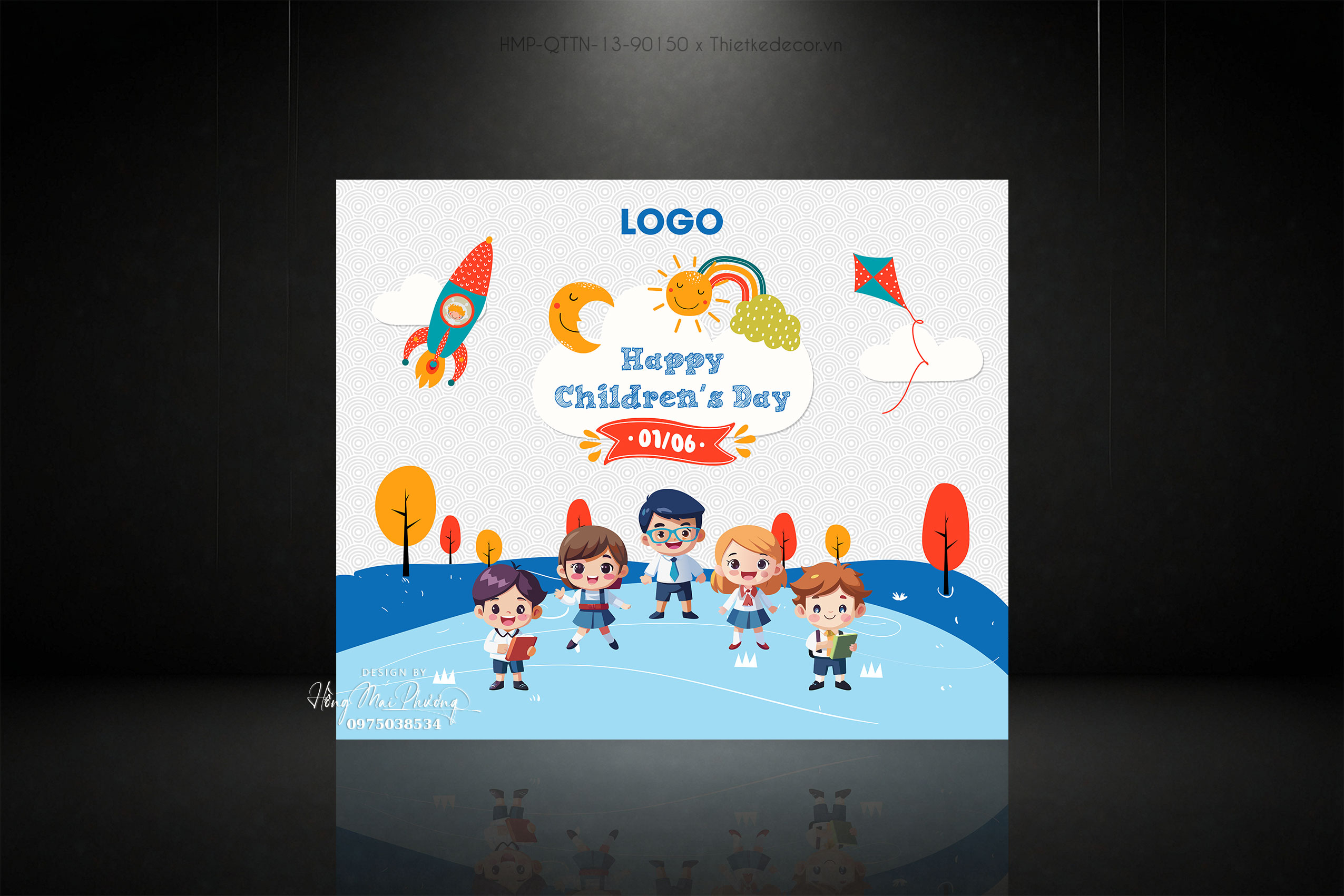 Lễ Tổng kết và quốc tế thiếu nhi tone xanh dương và trắng , học sinh trên bãi cỏ xanh